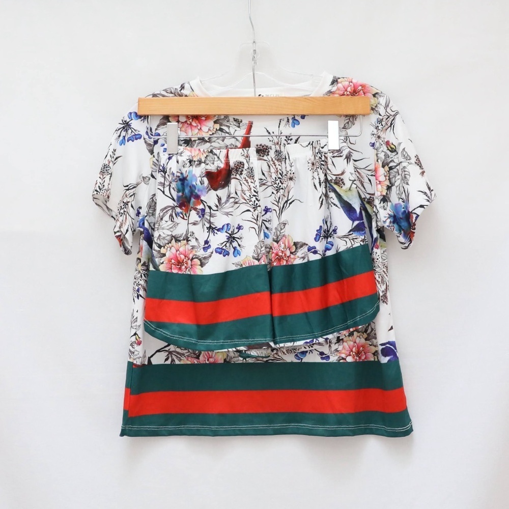 New 2 piece set white floral print t-shirt top shorts birds pyjamas athleisure S